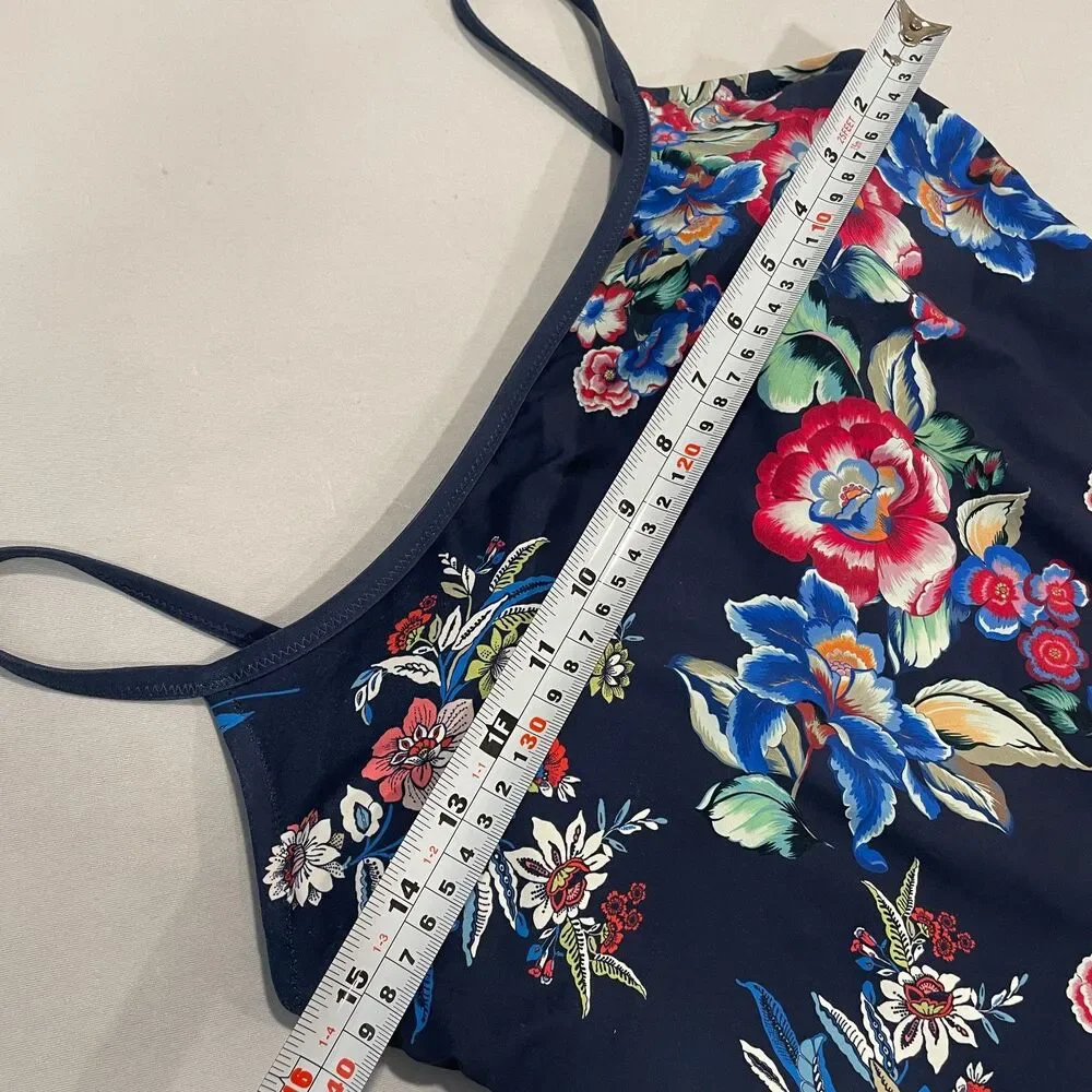 ~ Johnny Was Lg Swimsuit 1-Piece Navy Floral Tank Lace-Back Strappy Large 10/12 - Picture 10 of 16